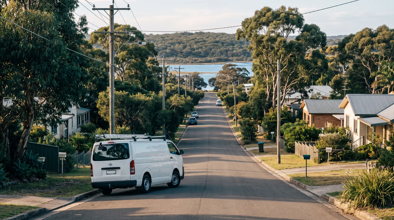 AI-generated coastal New South Wales streetscape with eucalyptus trees, distant water and a parked service van