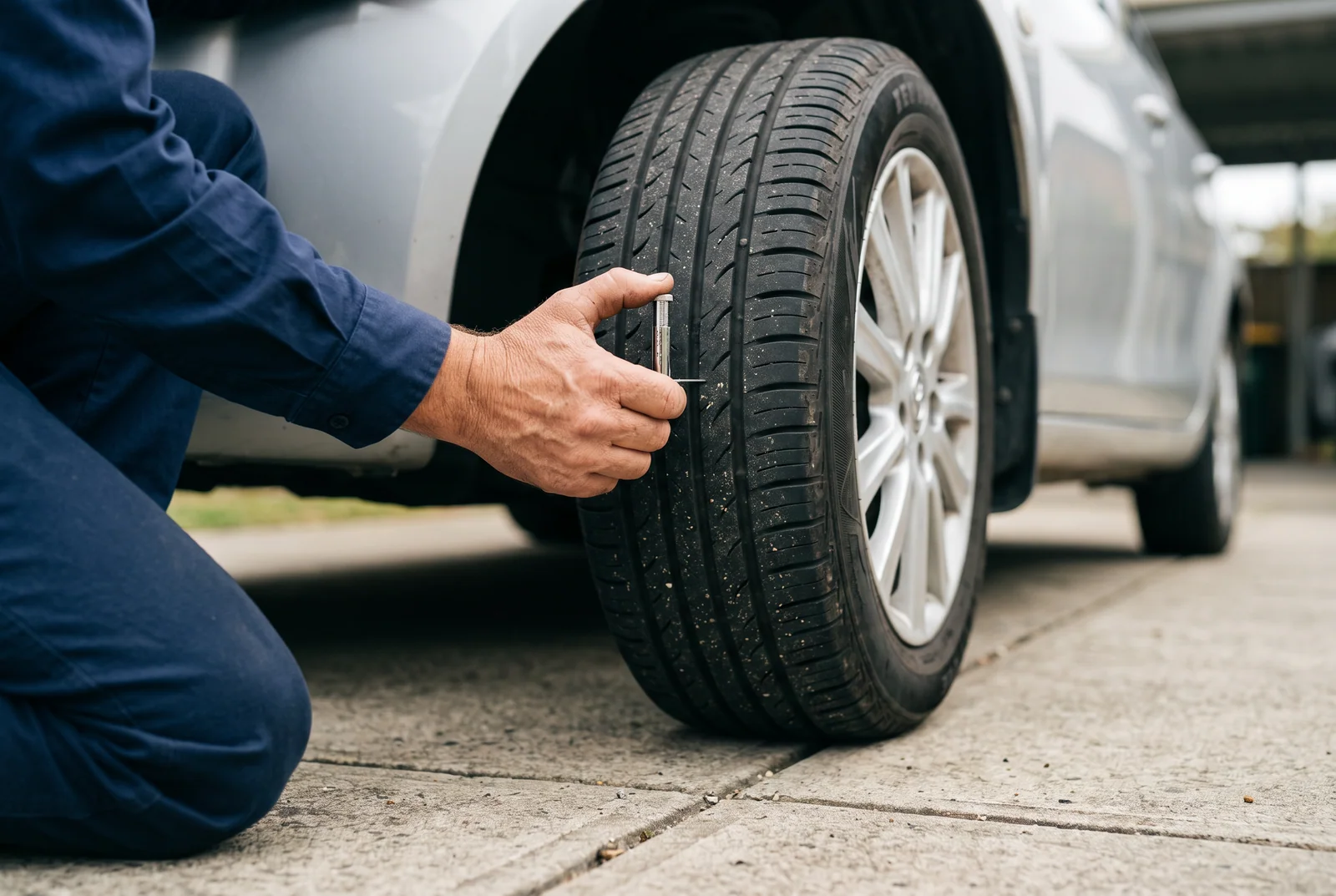 AI-generated close-up of a tyre tread-depth check on a stationary passenger car