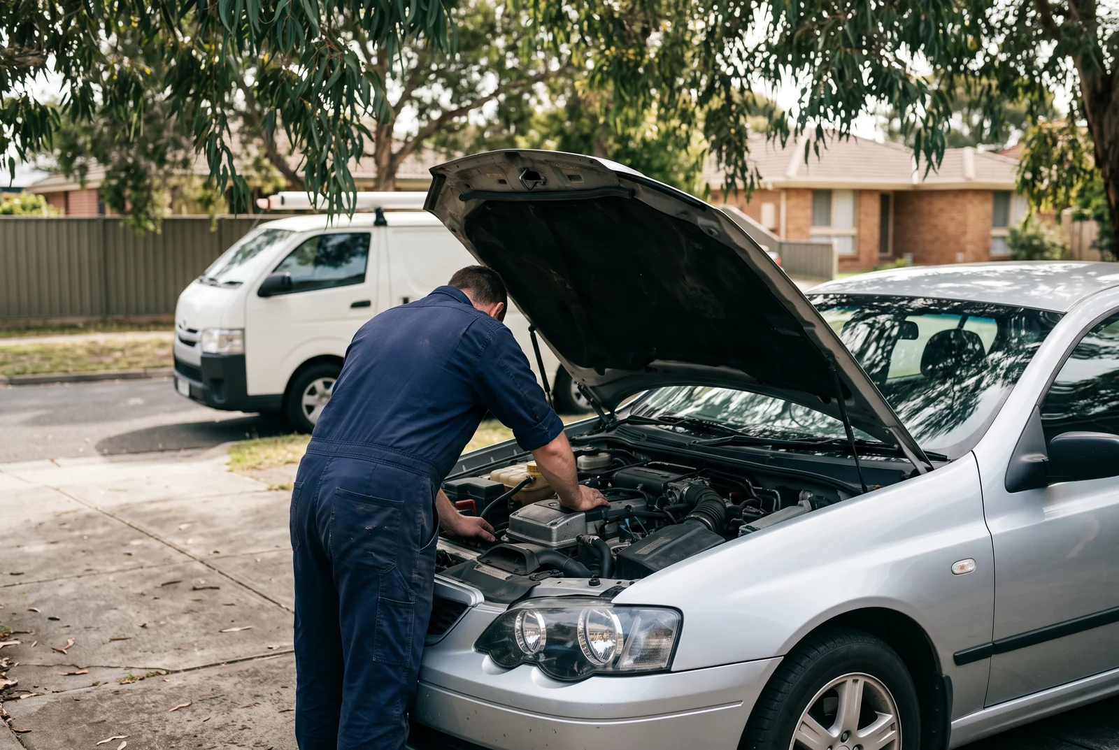 AI-generated illustration of a mechanic working under an open bonnet on a suburban driveway